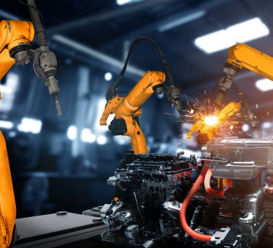 Mechanized industry robot arm for assembly in factory production line . Concept of artificial intelligence for industrial revolution and automation manufacturing process .